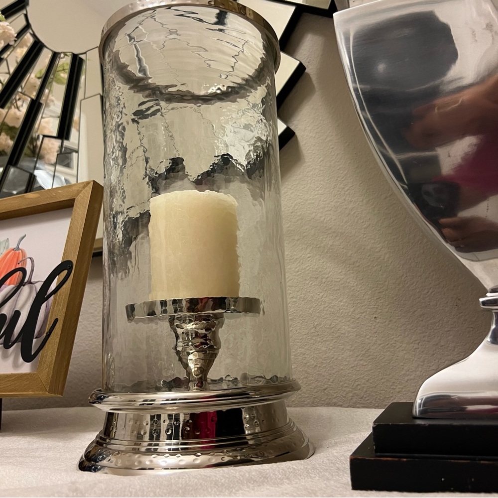 Modern Hurricane candleholders 13 7/8” height by 6 1/2 on top..
